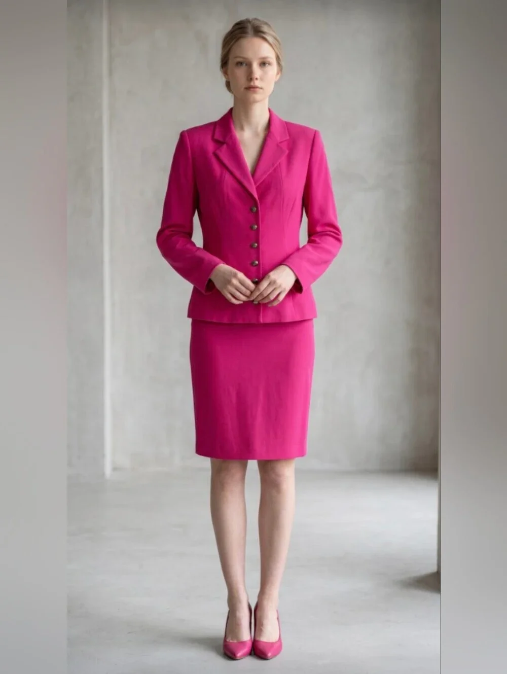 SAG HARBOR! FUSCHIA PINK, 6 BUTTON, 2 PC SKIRT & JACKET, BLAZER SUIT SET! SZ 10